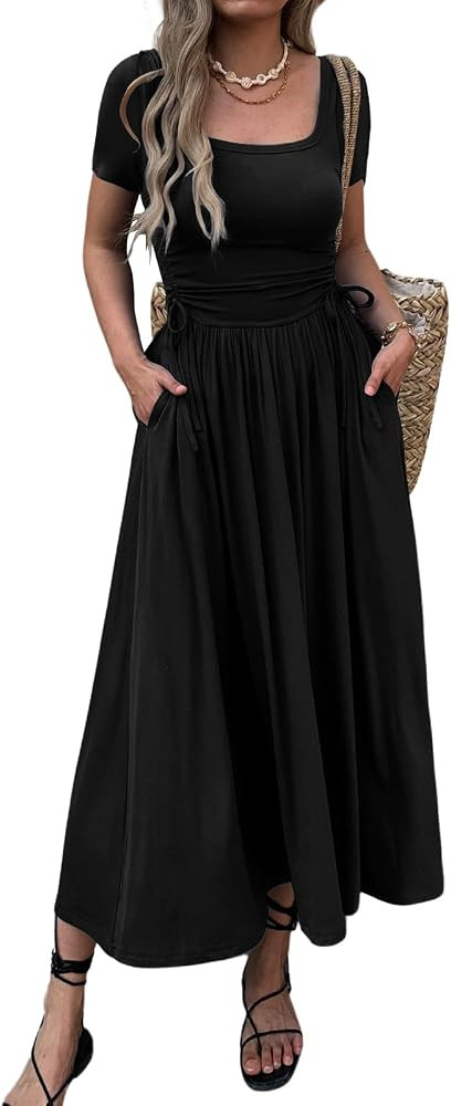 Mieazom Women’s Short Sleeve Maxi Dress Bodycon Long Dress Adjustable Waist Flowy Hem Stretch Casual Dresses with Pockets | Amazon (US)