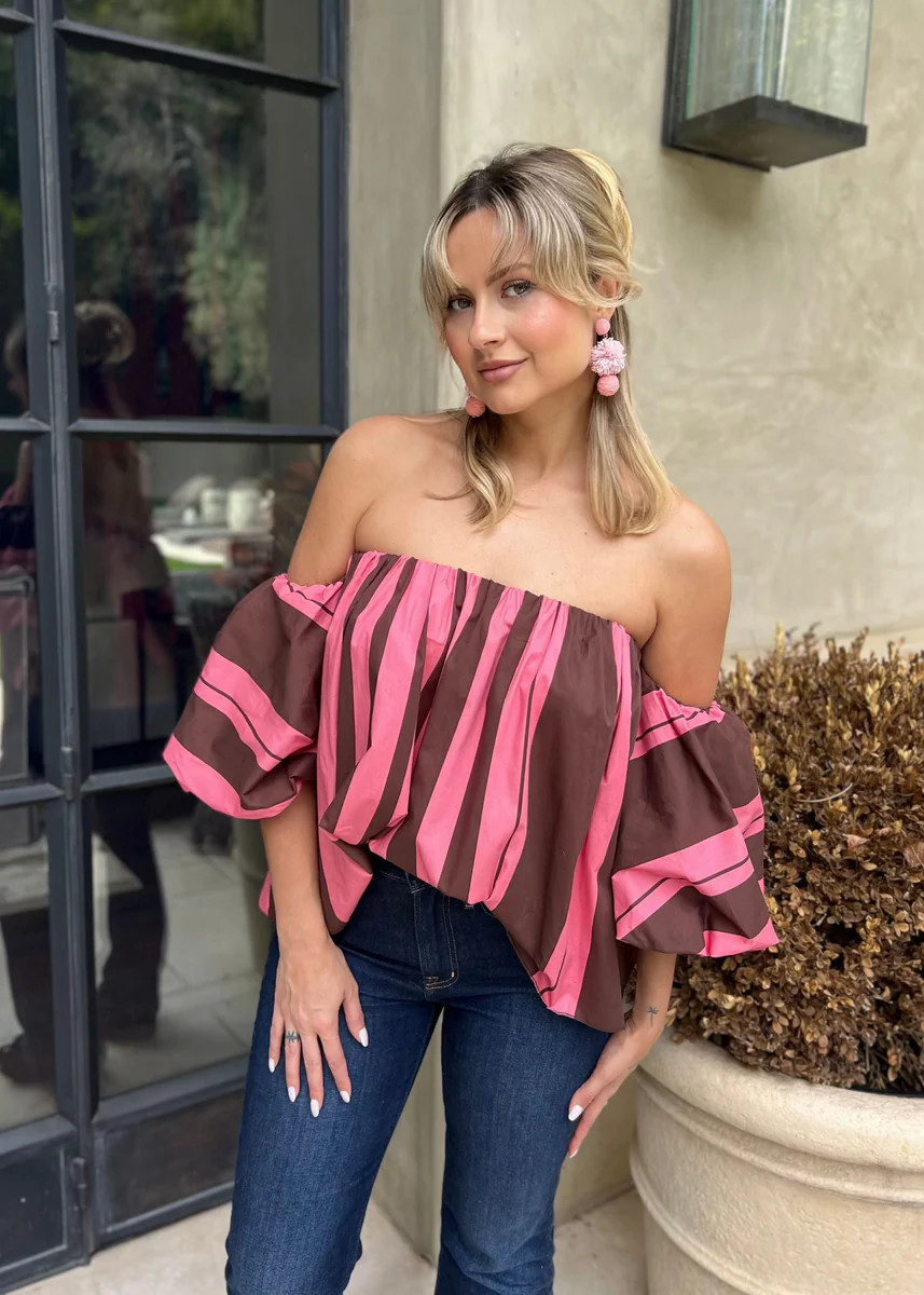 Ramona Pink and Brown Off the Shoulder Puff Sleeve Top | Benaar La