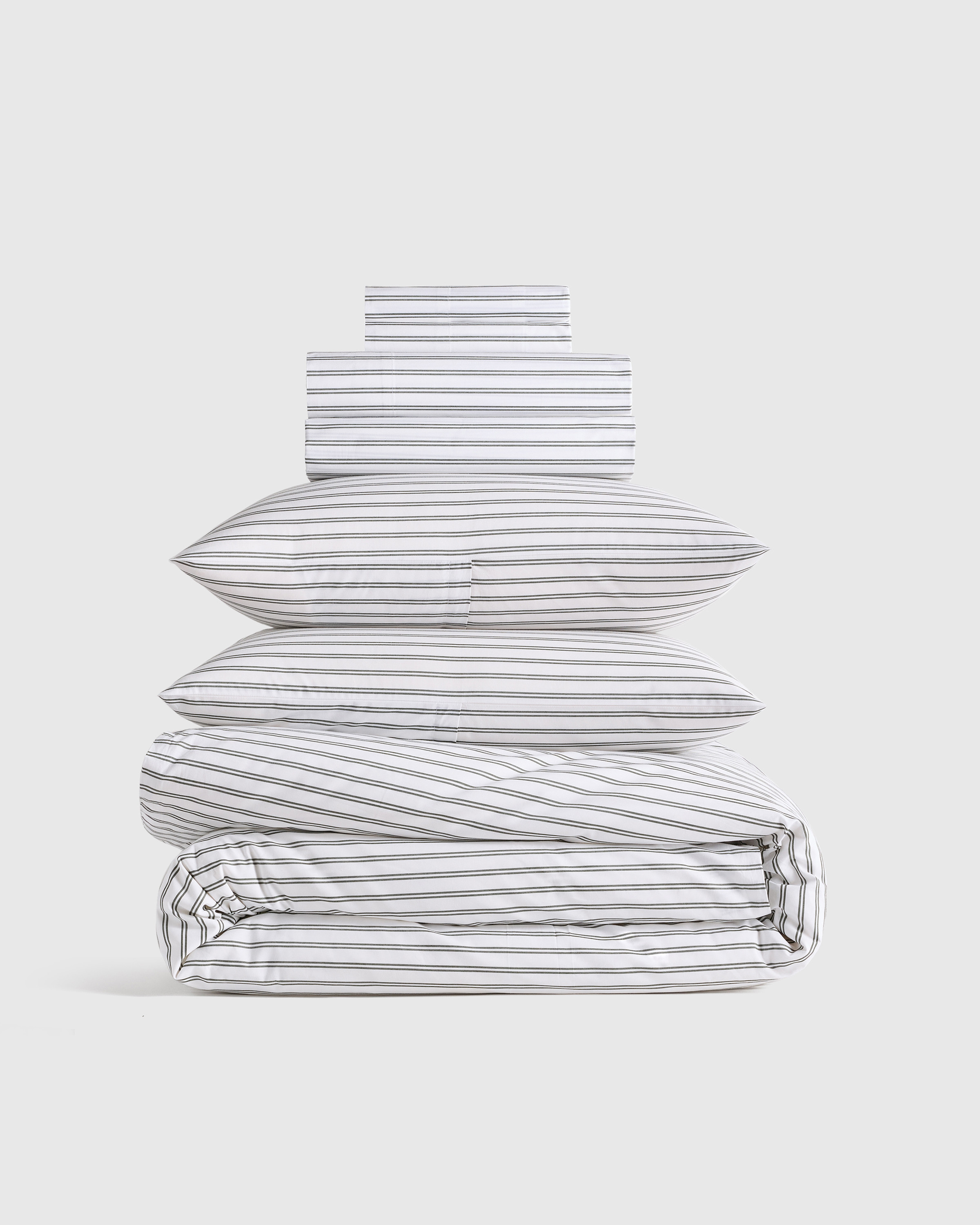 Quince | Classic Organic Percale Double Stripe Deluxe Bedding Bundle in White/Pine, Size Full, Percale Cotton | Quince