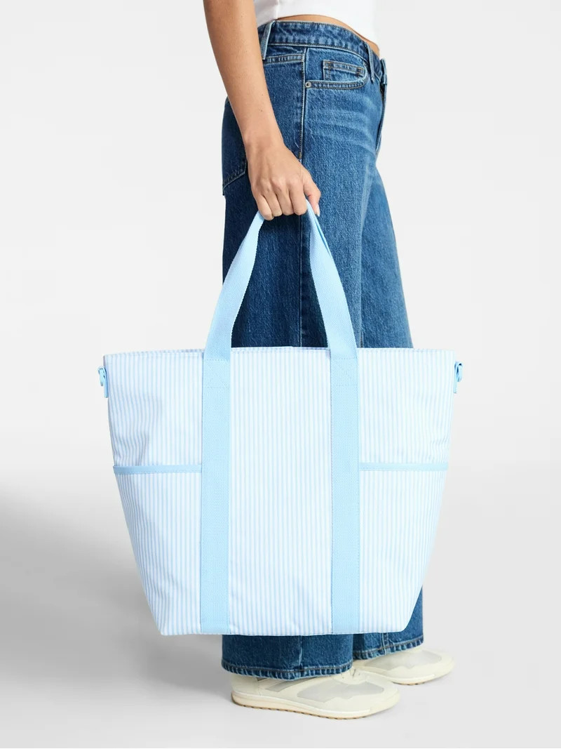 No Boundaries Women's Beach Insulated Tote Bag, Sky Pin Stripe | Walmart (US)