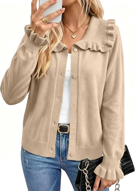 Womens Ruffle Cardigan Sweaters Button Up Long Sleeve Tops | Amazon (US)