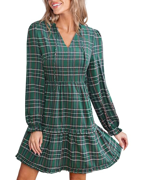 CUPSHE Women's Plaid Fall Ruffle Mini Dress V Neck Puff Sleeve Casual Autumn Party Dresses | Amazon (US)