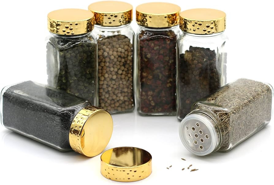 6pcs Gold Spice Jars, 4 oz Glass Seasoning Bottles, Spices Container, Empty Spice Jars, Square Spice Bottles with Airtight Plastic Caps with Shaker Lids | Amazon (US)