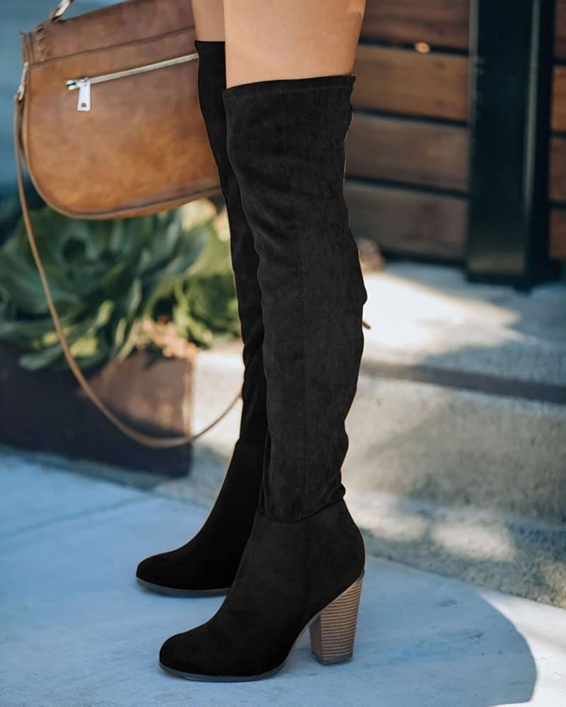 VETASTE Women's Faux Suede Over the Knee Boots Side Zipper Chunky Heel Wide Calf Boot | Amazon (US)