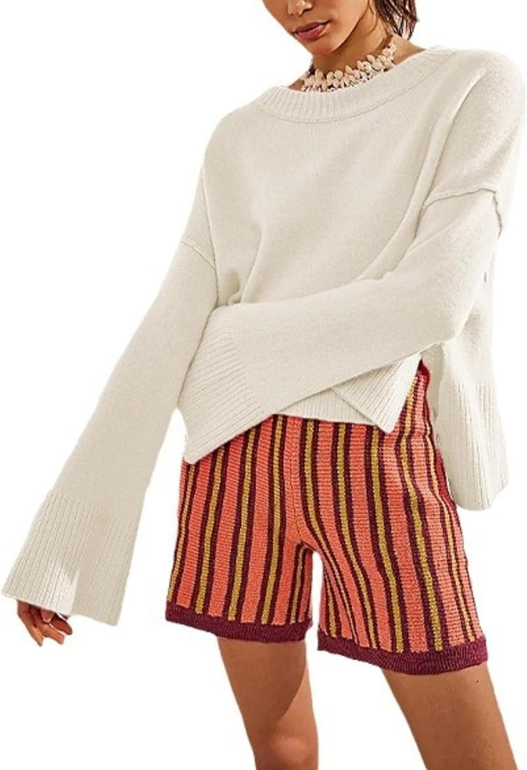 Wanzetaly Women's Oversized Cropped Sweaters Casual Crewneck Pagoda Sleeve Knit Pullover Tops | Amazon (US)