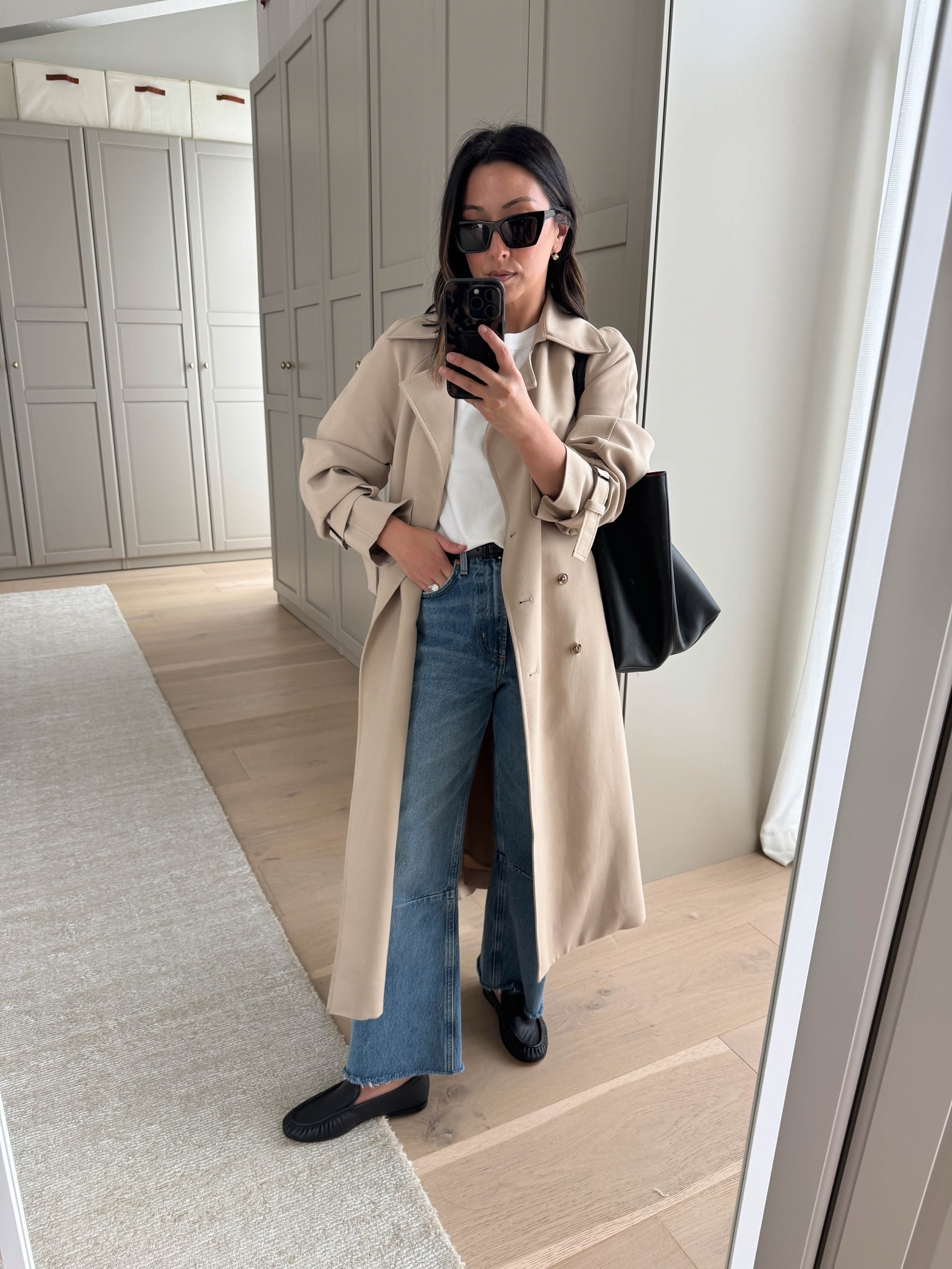 The only trench I wear and recommend. Size down

Oak + Fort trench xxs
Aritzia tee medium
Aritzia belt
Citizens of Humanity Miro jeans 24 - size down and cut hems 
Vince loafers 5
Mansur Gavriel tote
YSL sunglasses
Electric Picks earrings
Dorsey James necklace 15”

#LTKmomlife #LTKPetite #LTKWorkwear