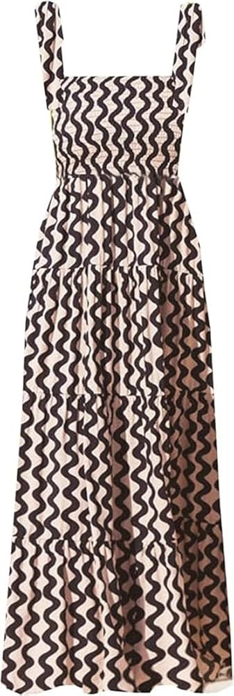 kinstell Women's Summer Boho Spaghetti Strap Square Neck Ruffle Casual Flowy Long Dress Beach Swi... | Amazon (US)