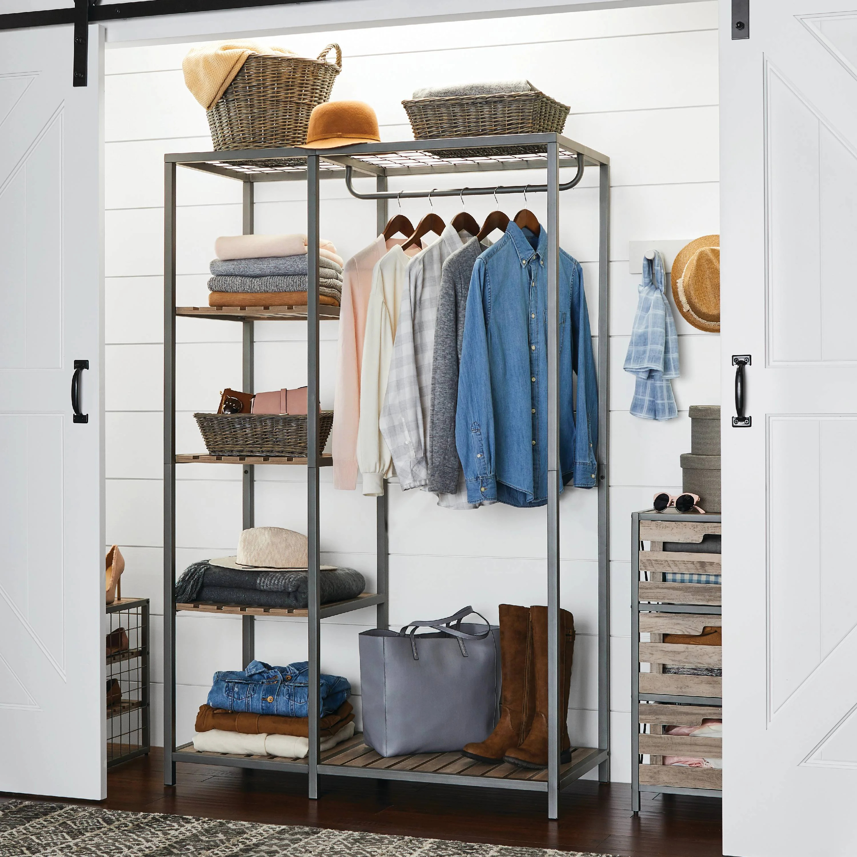 Better Homes & Gardens Farmhouse Gray Wood and Metal Garment Rack | Walmart (US)