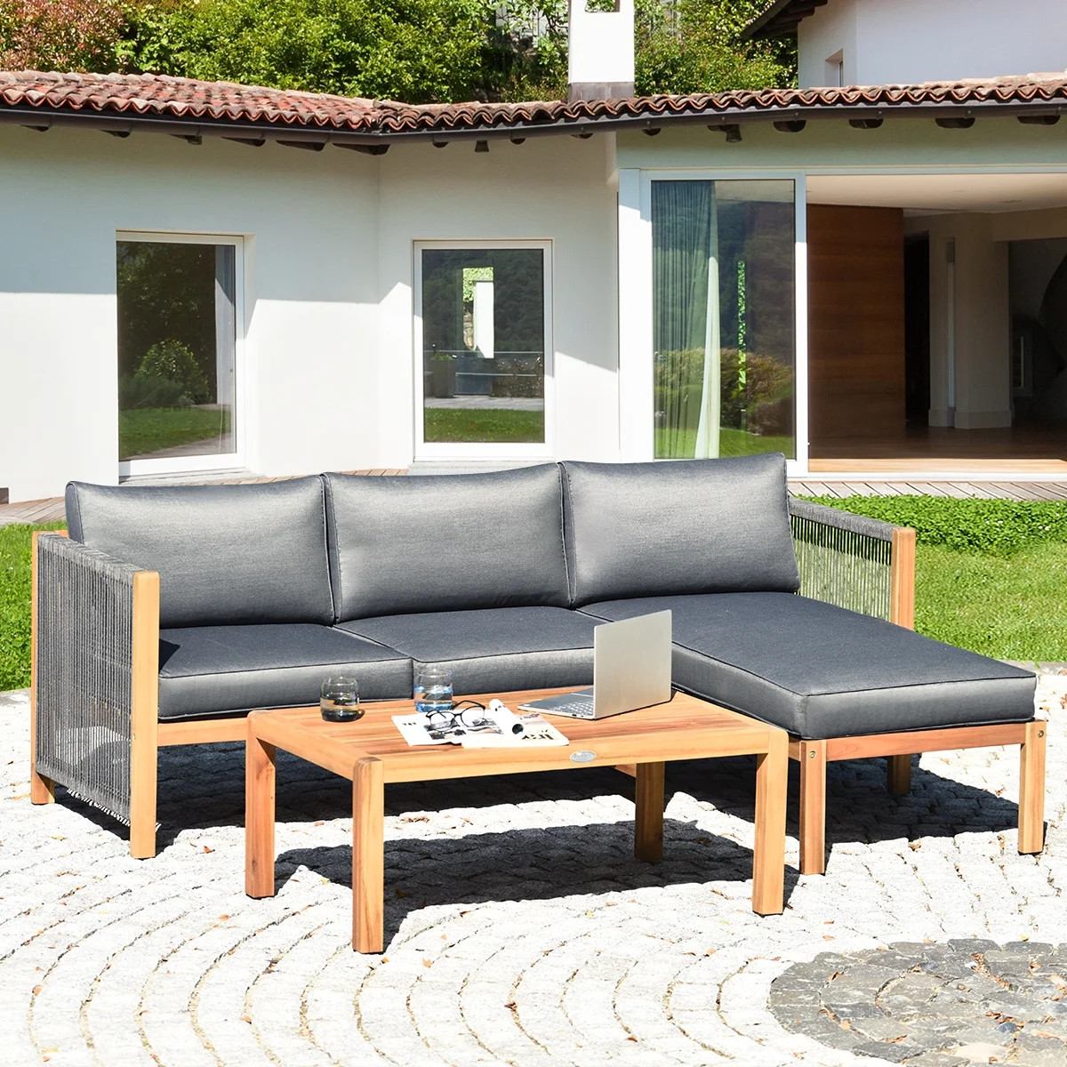 Costway  3PCS Patio Sofa Furniture Set Thick Cushion Acacia Wood | Walmart (US)
