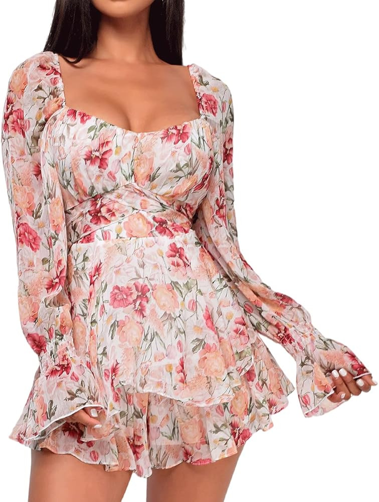 BZSFW Womens Summer Floral Print Square Neck Romper Double Layer Ruffle Hem Jumpsuits Long Sleeve... | Amazon (US)