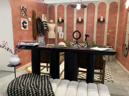 Fashion inspired home office with scallop edge sofa, mani can, checkerboard rug, and wallpaper, black console table and Boucle bench

#LTKover40 #LTKstyletip #LTKhome