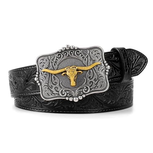 LALATCH Cowboy Cowgirl Belt Western Belts for Men Women Floral Engraved Longhorn Bull Buckle Belt for Jeans, Silver Buckle/Black | Amazon (US)