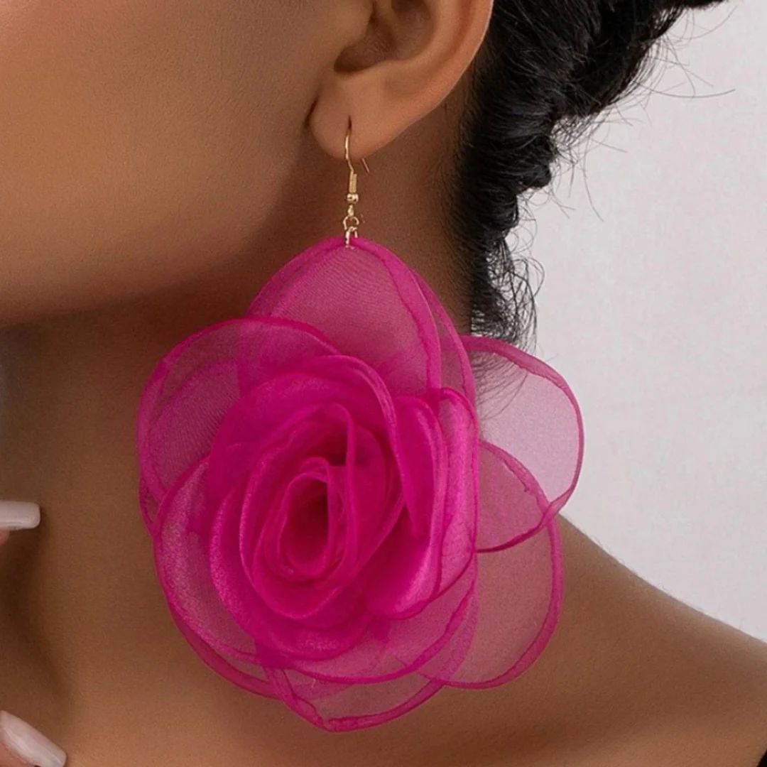 Stunning Hot Pink Fabric Organza Rosette Phantom Flower Earrings for Women | Etsy (US)