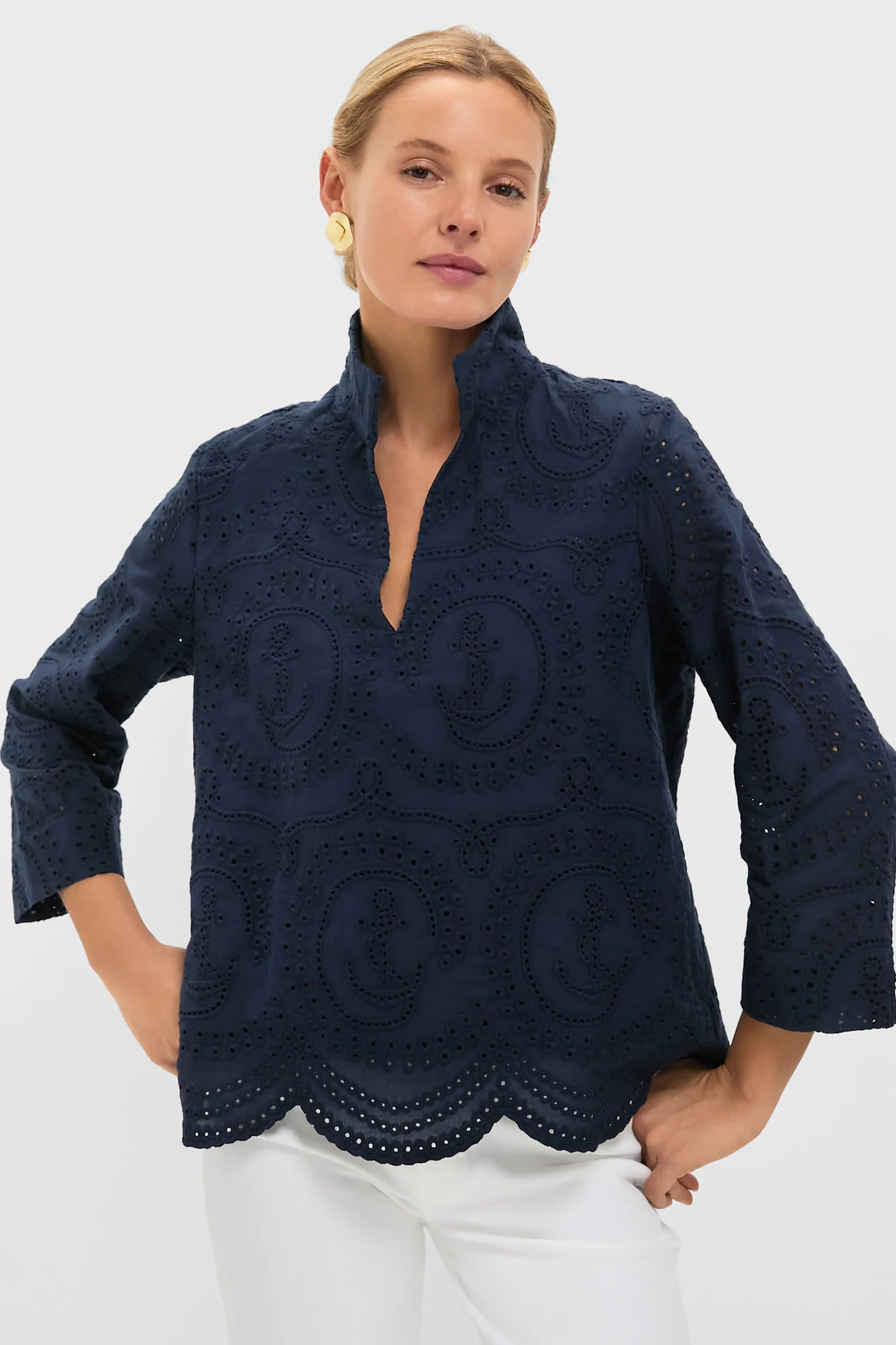 Navy Nautical Eyelet Margot Stand Collar Blouse | Tuckernuck (US)