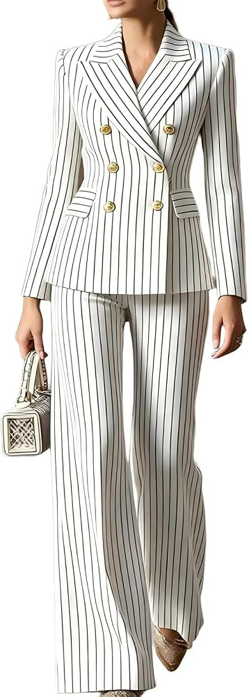 Women's Pinstripe Suit, Double Breasted Wide Leg Business Pantsuit | Amazon (US)