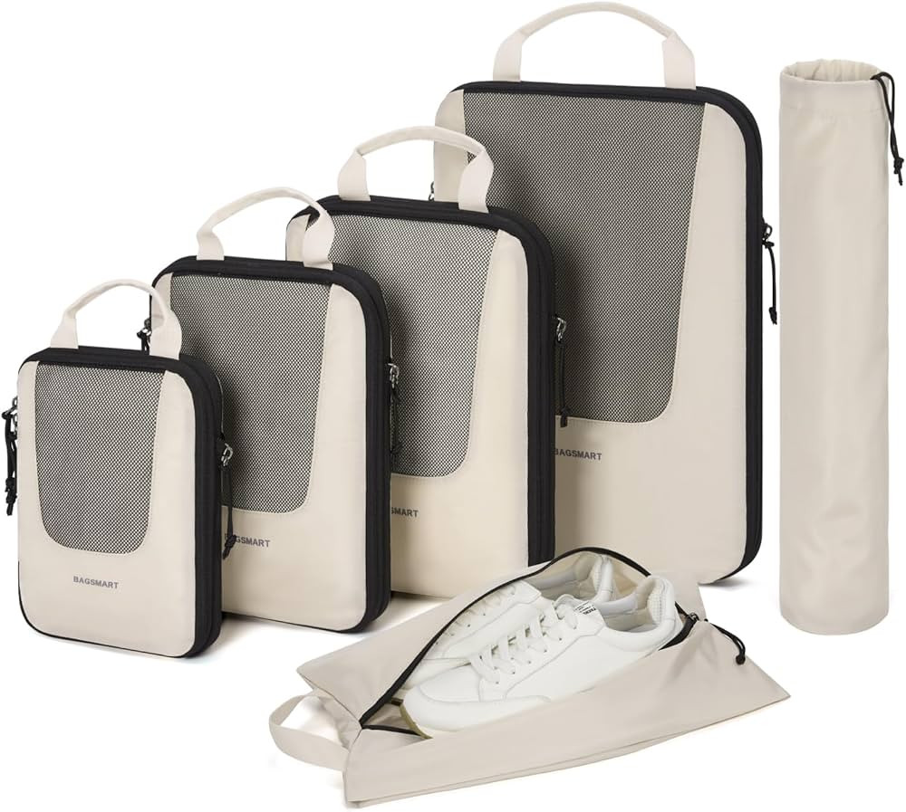 Compression Packing Cubes for Travel, BAGSMART 6 Set Travel Packing Cubes for Suitcases, Compression Suitcase Organizer Bags Set for Travel Essentials, Lightweight Packing Organizers White Opal | Amazon (US)