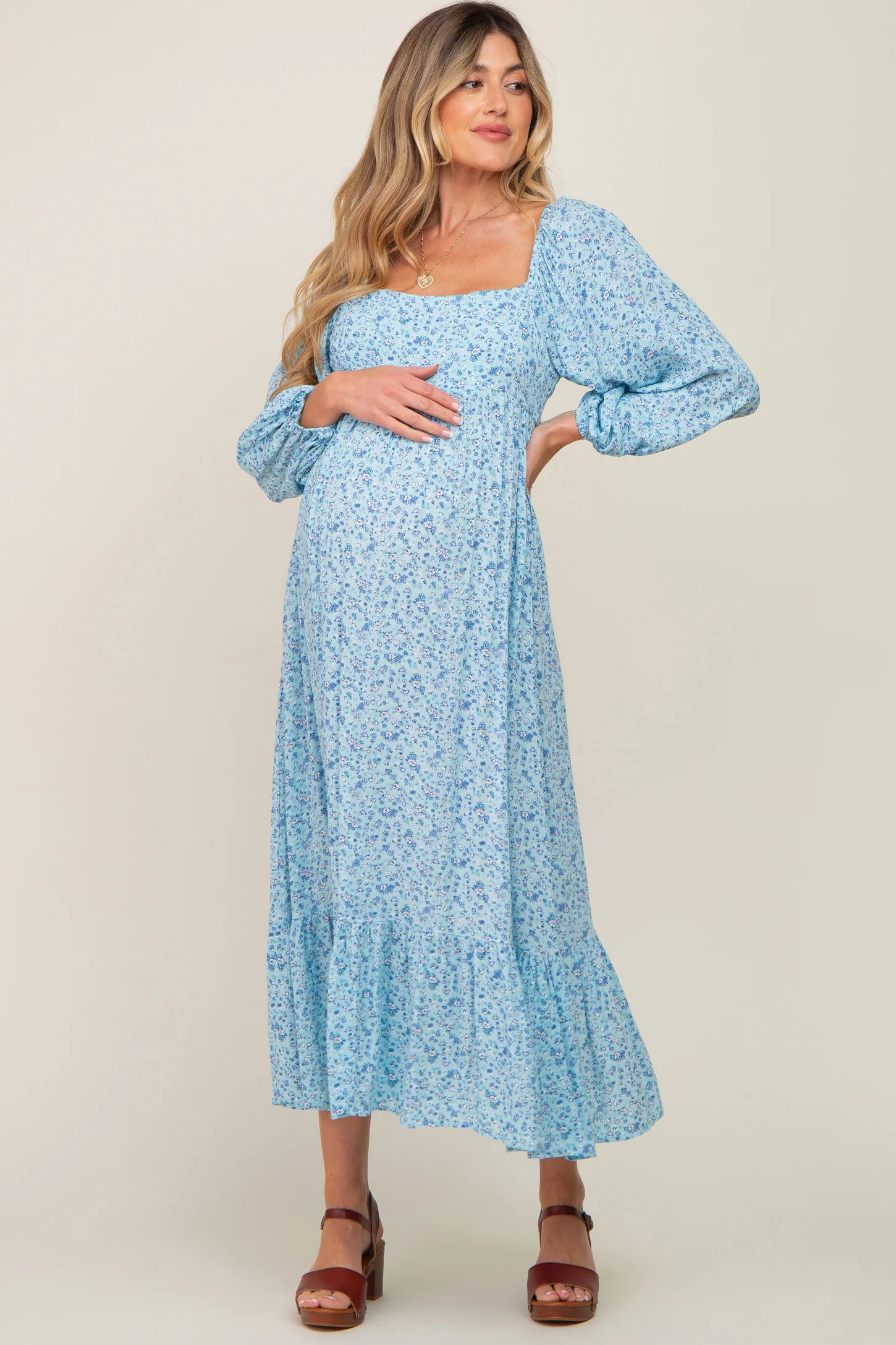 Blue Floral Square Neck 3/4 Sleeve Maternity Midi Dress | PinkBlush Maternity