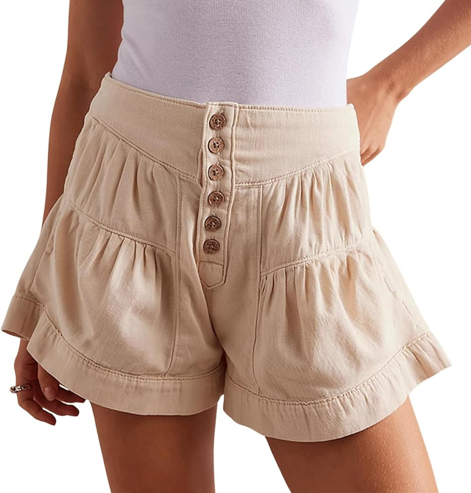 CHARTOU Women Cute Ruffle Hem Denim Short High Waist Wide Leg Jean Shorts Flare Stretchy Short wi... | Amazon (US)