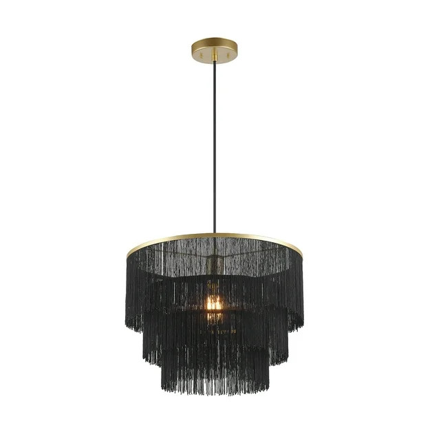 Globe Electric Willow 1-Light Matte Gold Pendant Light with Black Fabric Fringe Shade, 44845 | Walmart (US)