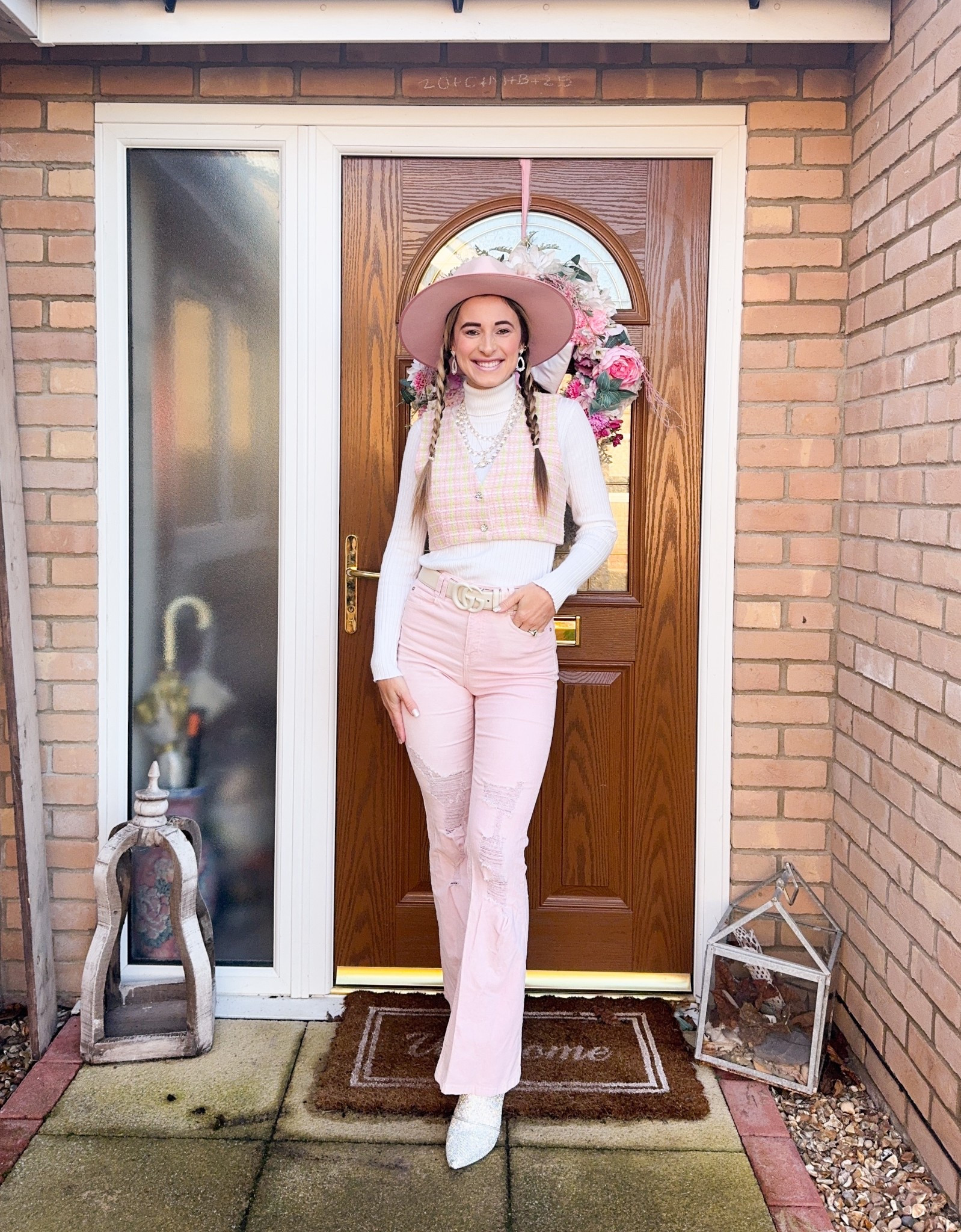 OOTD. Outfit of the day. Dopamine dressing. Pink girly. Pink fashion. Pink style. 

Corduroy flare, jeans, Gucci, belt, tweed, vest, pink hat. Sparkly boots

#LTKFindsUnder100 #LTKootd #LTKmomlife