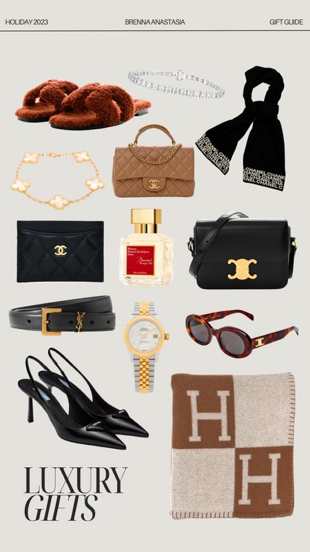 Luxury holiday gifts for her 🖤 Love these luxury gift ideas! A Chanel handbag, Van Cleef bracelet, Hermès sandals, YSL belt, gold Rolex, Prada heels, and Baccarat perfume are the perfect luxury gifts for this holiday season. A Hermès throw blanket or a Chanel scarf are the perfect cozy gift ideas! 

#LTKHoliday #LTKGiftGuide #LTKitbag