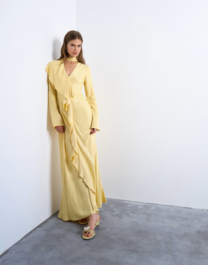 Topshop long sleeve ruffle maxi dress with scarf wrap detail in buttermilk-Yellow | ASOS (Global)