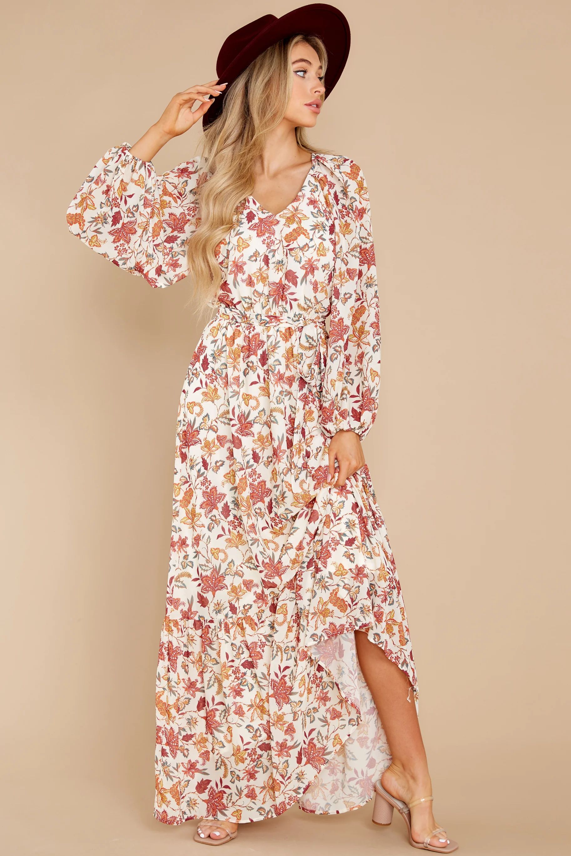 Favorable Outcome Ivory And Burgundy Floral Print Maxi Dress | Red Dress 