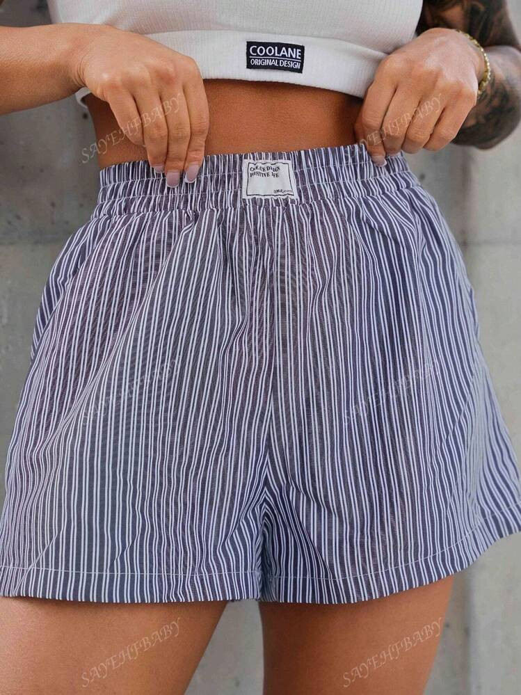SAYEHFBABY Women's Blue & White Striped Elastic Waistband Shorts With Alphabet Applique Decoratio... | SHEIN