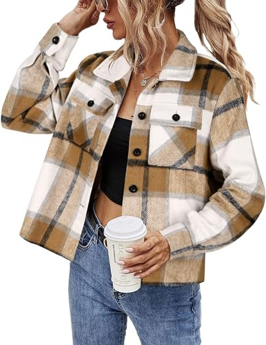 HOTOUCH Plaid Shacket Women Cropped Brown Flannel Ladies Western Jackets Crop Tops for Women Trendy Thanksgiving Outfit | Amazon (US)