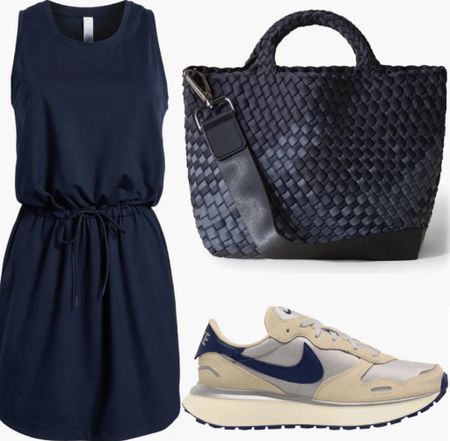 Navy dress
Workout dress
Nike sneakers 
Tote bag
Workout 
#LTKItBag #LTKFindsUnder100 #LTKShoeCrush