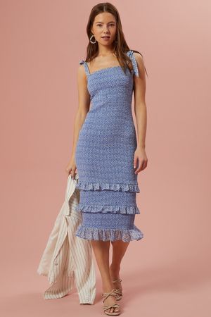 Sienna Smocked Midi Dress in Blue & White | Altar'd State | Altar'd State