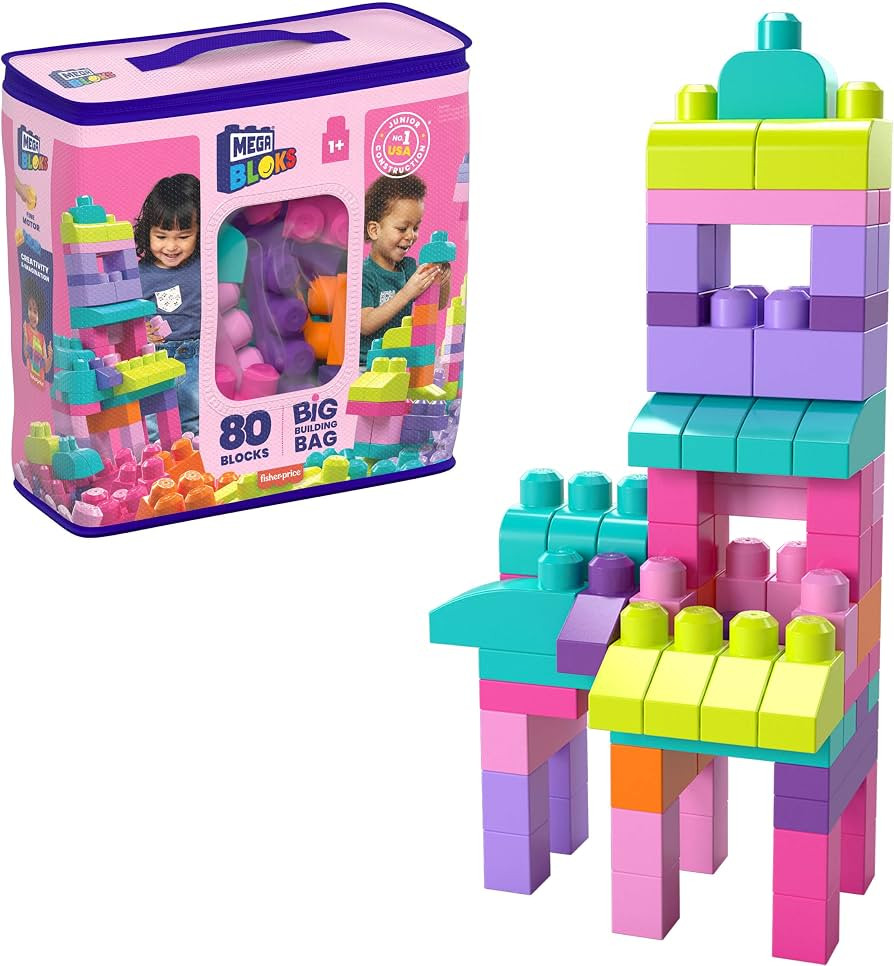 MEGA BLOKS Fisher-Price Toddler Block Toys, Big Building Bag with 80 Pieces and Storage Bag, Pink... | Amazon (US)