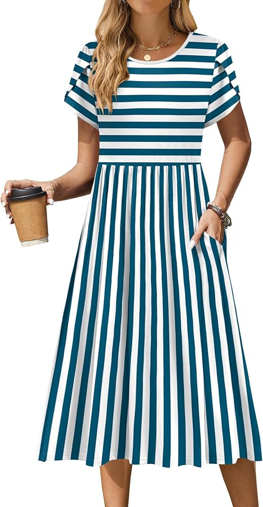 Zeagoo Women Summer Short Sleeve Midi Dress with Pockets Casual Aline Flowy Tshirt Dress Floral V... | Amazon (US)