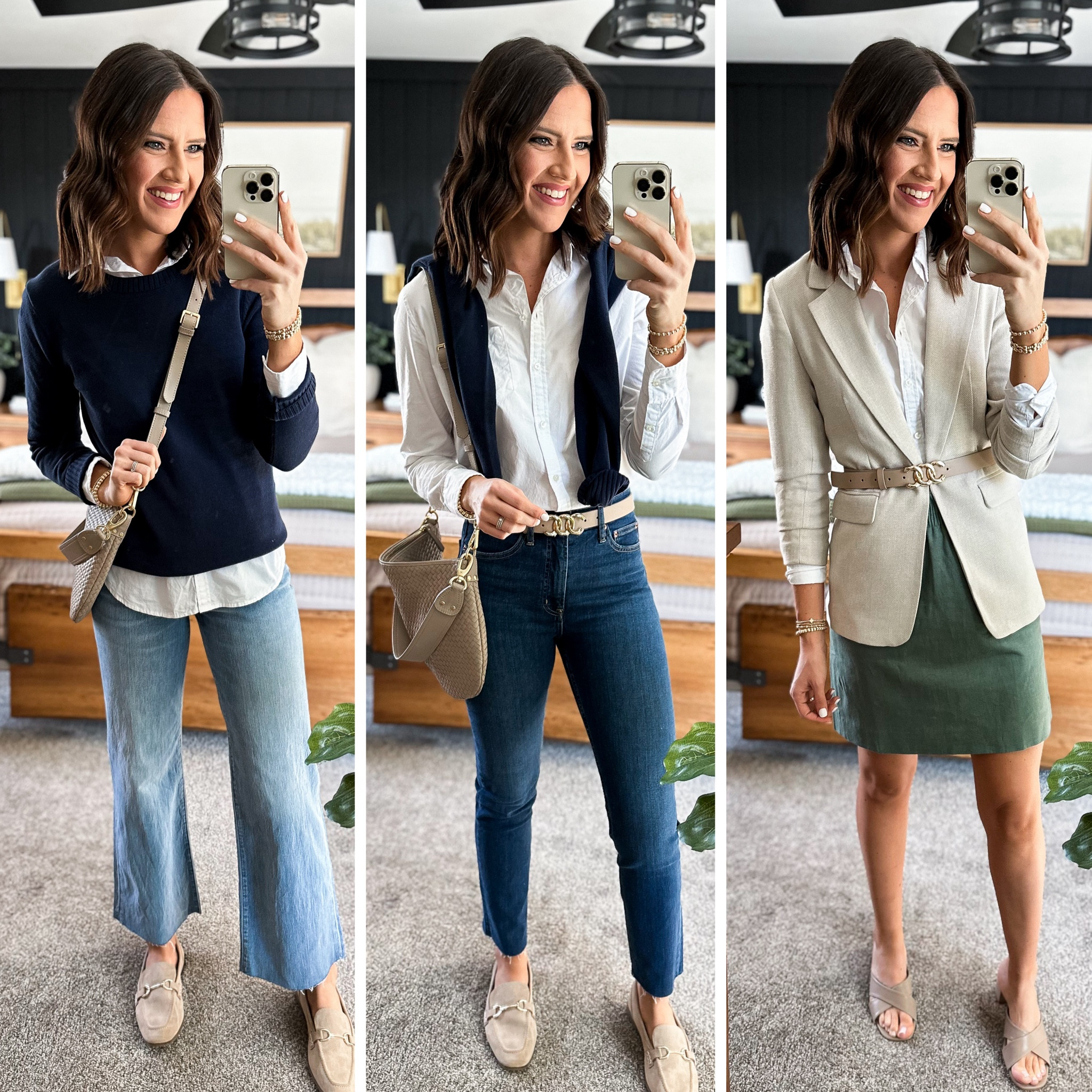 Spring Capsule Wardrobe (White Button Up Styling) 

Button up (small)
Navy sweater (size up, I’m in a medium) 
Light wash jeans (26 long) 
Dark wash jeans (27 long) 
Blazer (small) 
Green skirt (size 2) 


#LTKfindsunder50 #LTKfindsunder100 #LTKstyletip