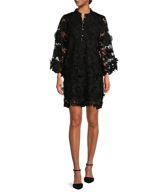 J.Marie Seraphina 3D Lace Split V Button Up Long Sleeve Shift Dress | Dillard's | Dillard's