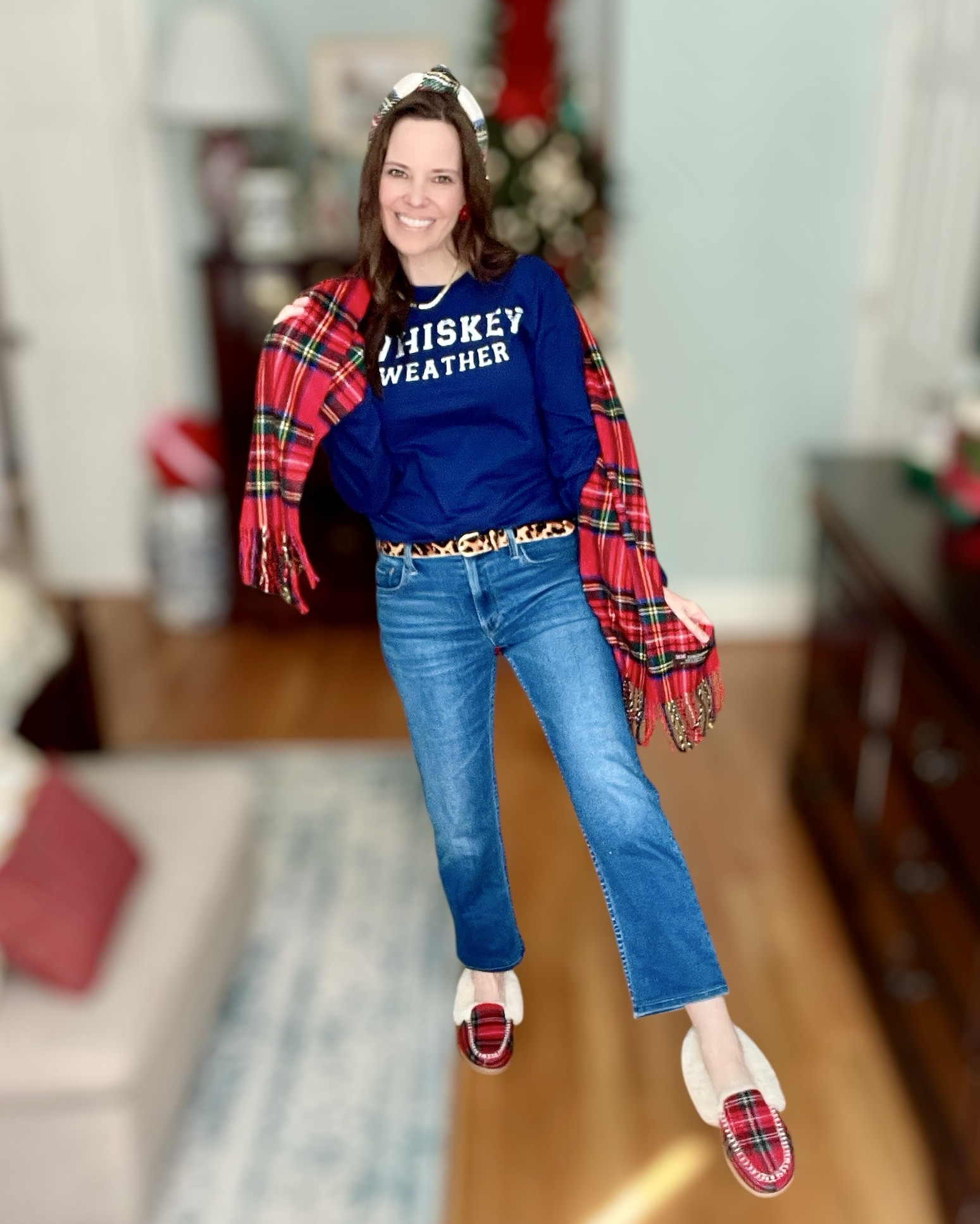 🎄 Cozy Tartan + Whiskey Weather Holiday Outfit



Holiday errands, school drop-off, or a cozy December day — this look is festive and comfy. I paired my Whiskey Weather long sleeve tee with classic blue jeans and added the cutest seasonal touches: a tartan scarf, padded plaid headband, and red flower studs. The leopard belt adds just a little playful pattern mixing, and the plaid Dearfoams slippers are so soft and perfect for around the house or quick carpool runs.

Tee runs TTS. Jeans are the Mother Denim Smarty Pants Flood. The accessories are all affordable Amazon finds and make any outfit feel instantly Christmas-ready. Such an easy December uniform — navy, tartan, pops of red, and a little bit of cozy winter humor.

holiday outfit • Christmas outfit • plaid accessories • affordable Amazon fashion • winter tee • cozy holiday style • tartan scarf • December outfits • festive casual outfit • holiday shopping look • Christmas colors • everyday holiday styling • navy + red outfit • comfy holiday errands style


#LTKGiftGuide #LTKootd #LTKHoliday