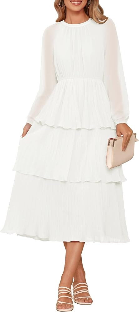 ZESICA Women's 2024 Long Sleeve Crew Neck Ruffle Tiered Layered Chiffon Flowy Swing Long Midi Dre... | Amazon (US)