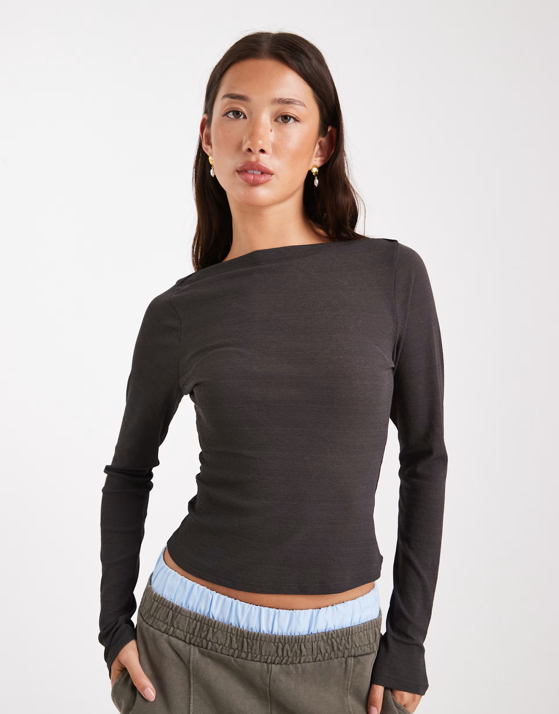 ASOS DESIGN textured mesh slash neck long sleeve top in charcoal | ASOS (Global)