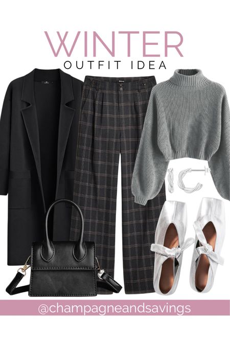 Winter outfit idea with black coatigan, plaid pants, cropped sweater, silver ballet flats, black mini bag, and silver earrings! 

#LTKfindsunder100 #LTKSeasonal #LTKstyletip