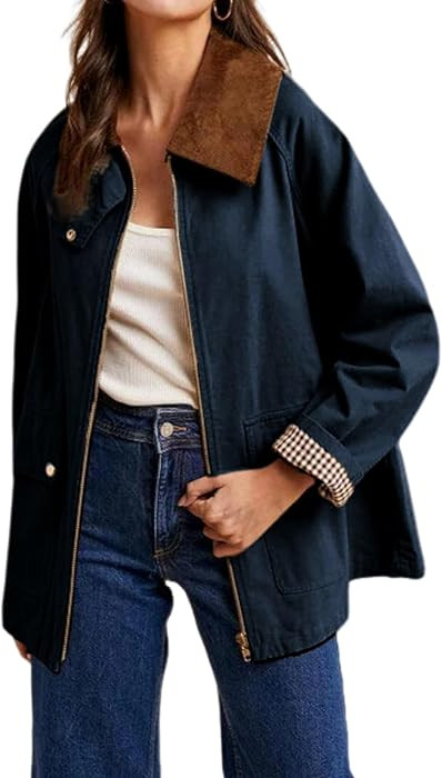 SCUSTY Women's Barn Jackets Fall Color Block Corduroy Collar Utility Coat Outerwear with Pockets | Amazon (US)