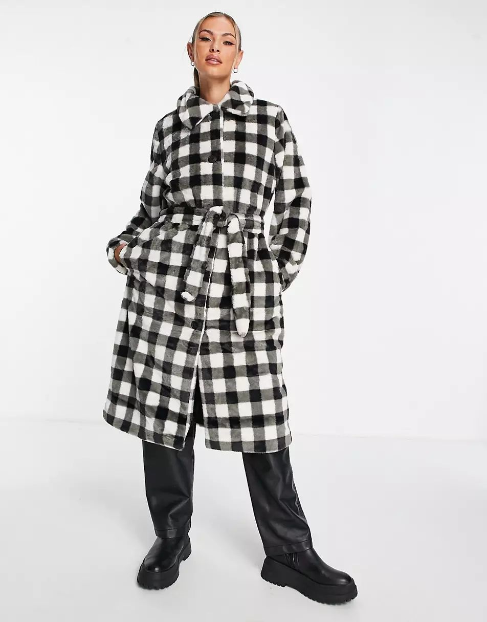 Missguided faux fur oversized coat in gingham | ASOS (Global)