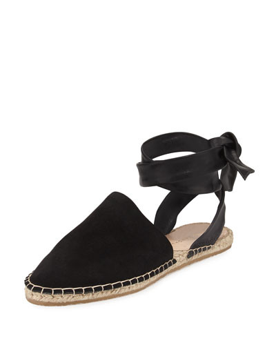 Heloise Suede Ankle-Wrap Espadrille Flat, Black | Neiman Marcus