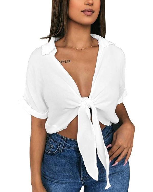GOBLES Womens Summer Short Sleeve Shirts V Neck Tie Knot Batwing Blouses Tops | Amazon (US)