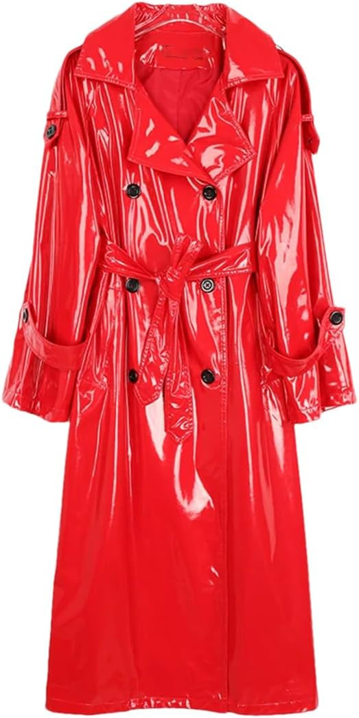 ERFMFKL Long Christmas Red Shiny Reflective Patent Leather Trench Coat For Women Double Buttons J... | Amazon (US)