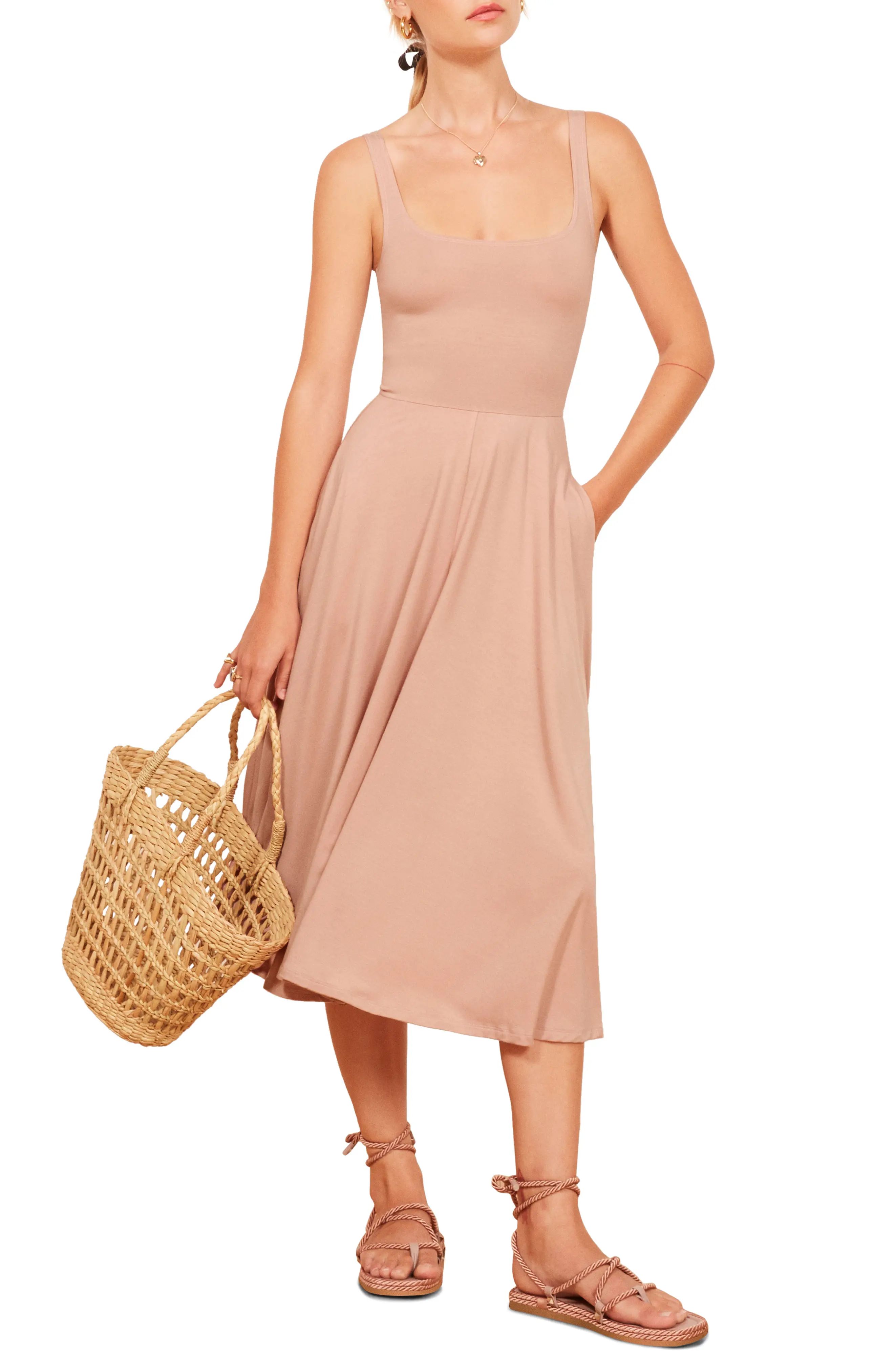 Women's Reformation Rou Midi Fit & Flare Dress, Size X-Large - Pink | Nordstrom