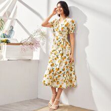 Lemon Print Tie Side Wrap Dress | SHEIN
