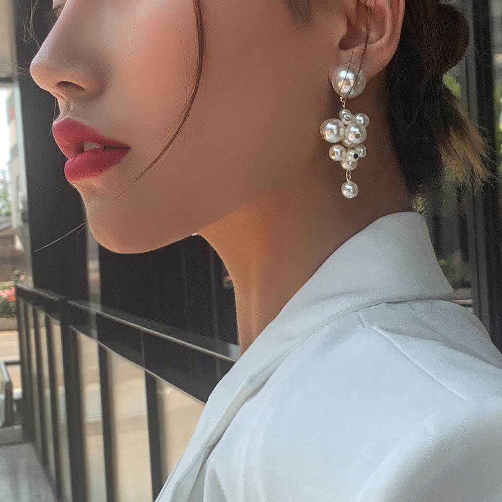 Xerling Charm Pearl Earrings Elegant Dangle Hoop Earrings Pearl Cluster for Women Dangle Drop Stu... | Amazon (US)