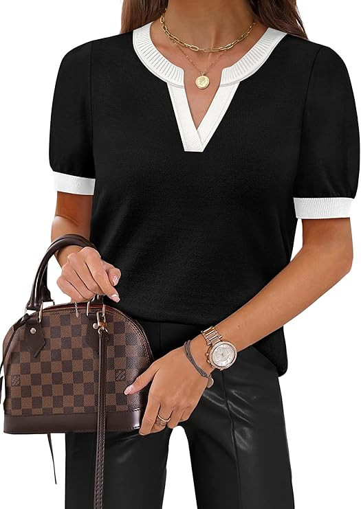 WIHOLL Short Sleeve Sweater Tops 2026 Spring Summer Trendy Knit Business Casual Essential V Neck ... | Amazon (US)
