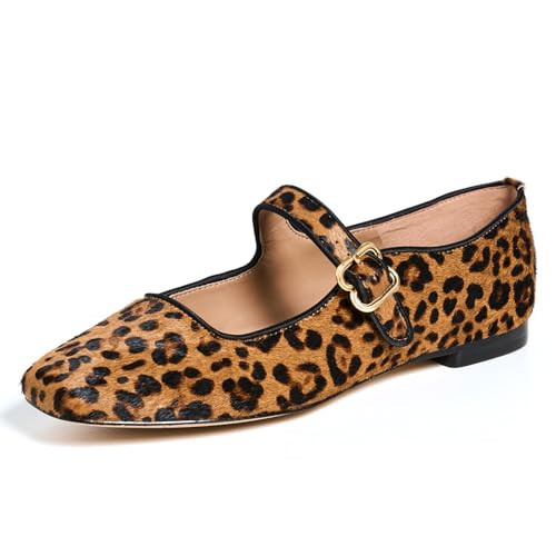 DOEYG Leopard Ballet Flats Women's Animal Print Suede Velvet Mary Jane Flats Shoes Square Toe Dress Casual Comfortable Ballerina Shoes with Buckle Size 10 | Amazon (US)