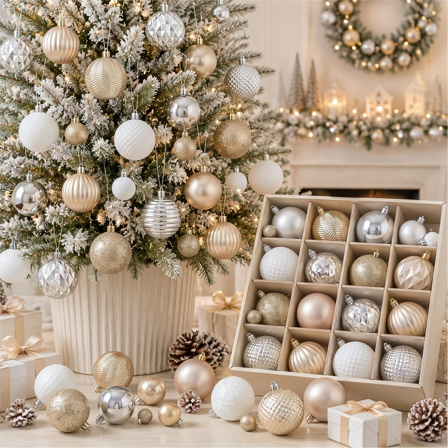 Lunmon 64 Pcs Champagne Gold White Christmas Ornaments 1.57/1.97/2.36 Inch | Amazon (US)